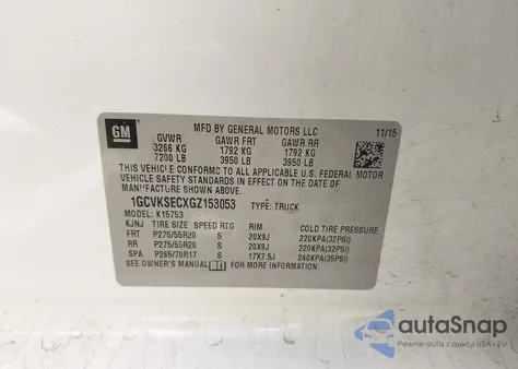 2016 Chevrolet Silverado 1500 2Lz из США, поврежденный, VIN 1GCVKSECXGZ153053